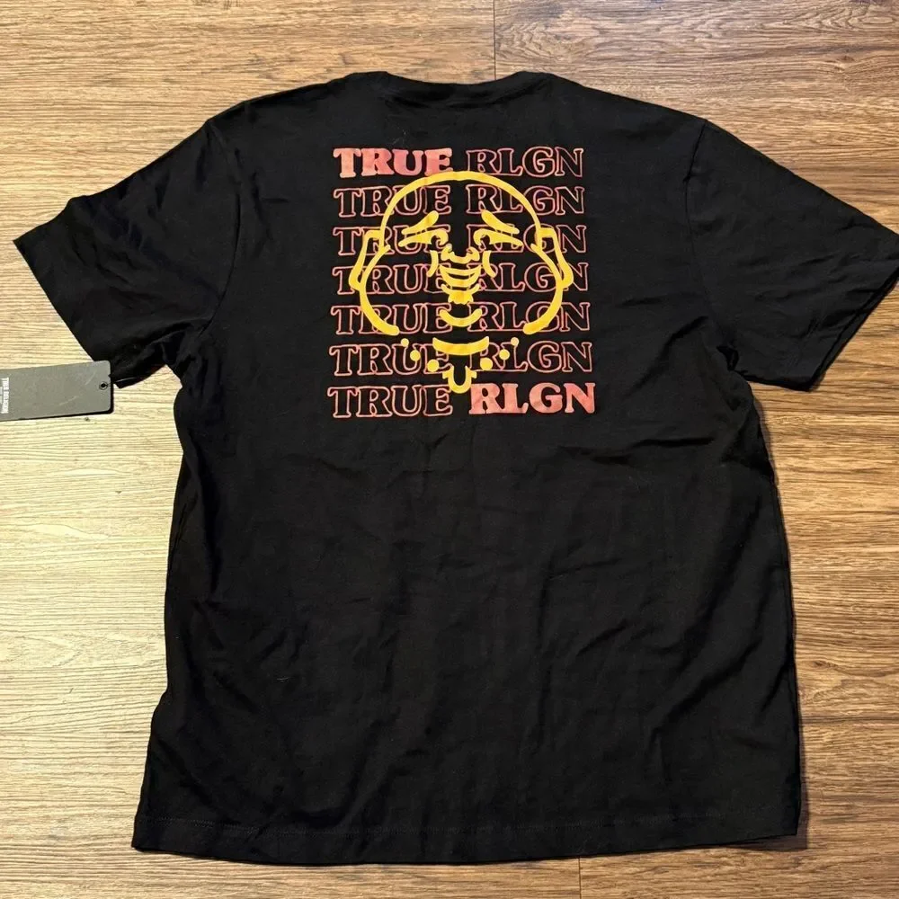 NWT True Religion Repeat TR Buddha Short Sleeved Tee Black Orange Size 2XL